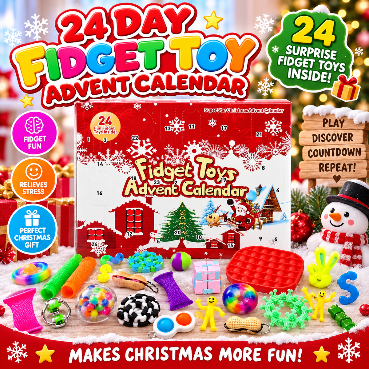 Fidget Toy Advent Calendar - 24 Day Fidget Advent Calendar - Poppit's, Squishy, Sensory Toys, Stretchy Tubes, Toys & More for Kids & Adults