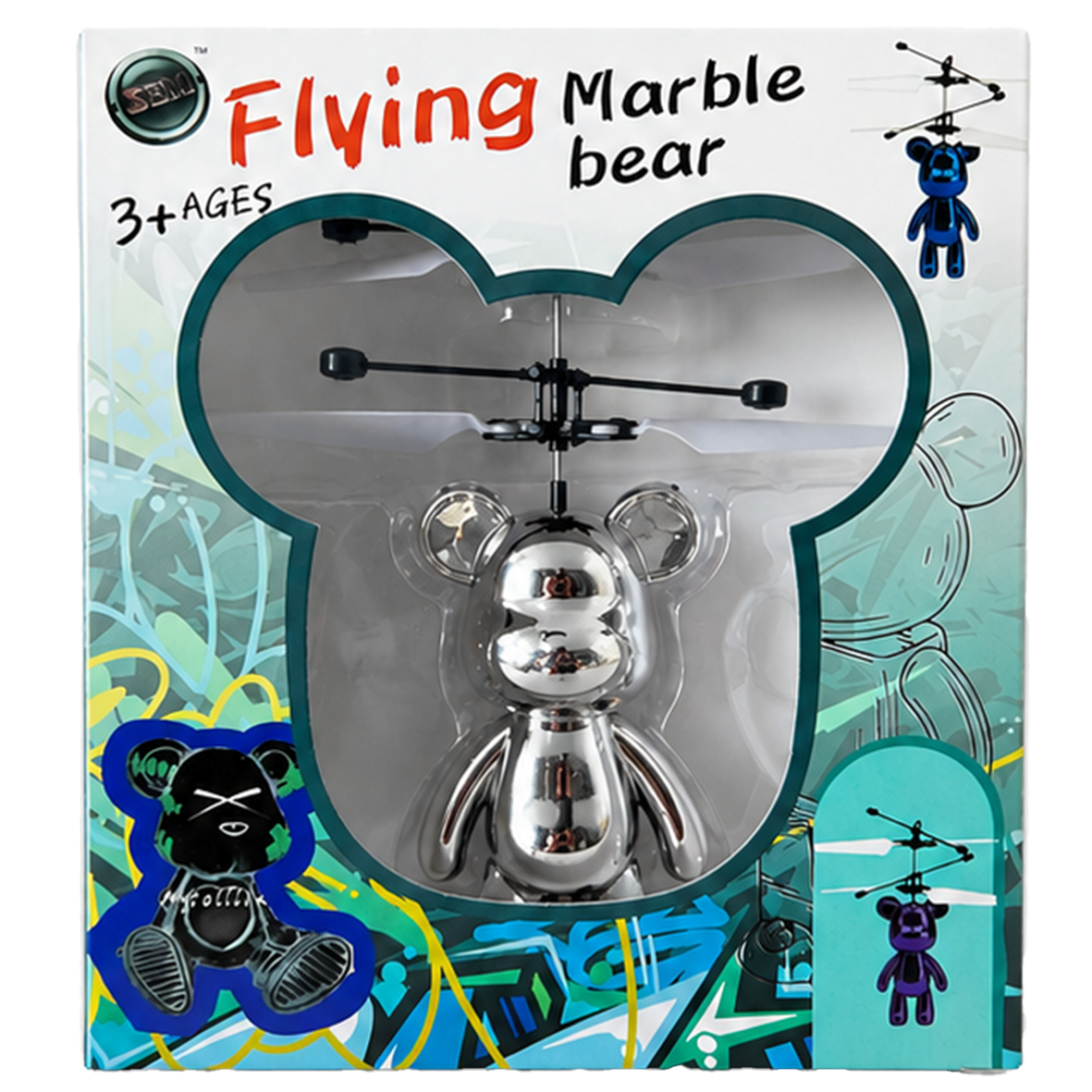 Flying Marble Bear Helicopter Toy Metallic Range - 5 Colours - USB Rechargeable