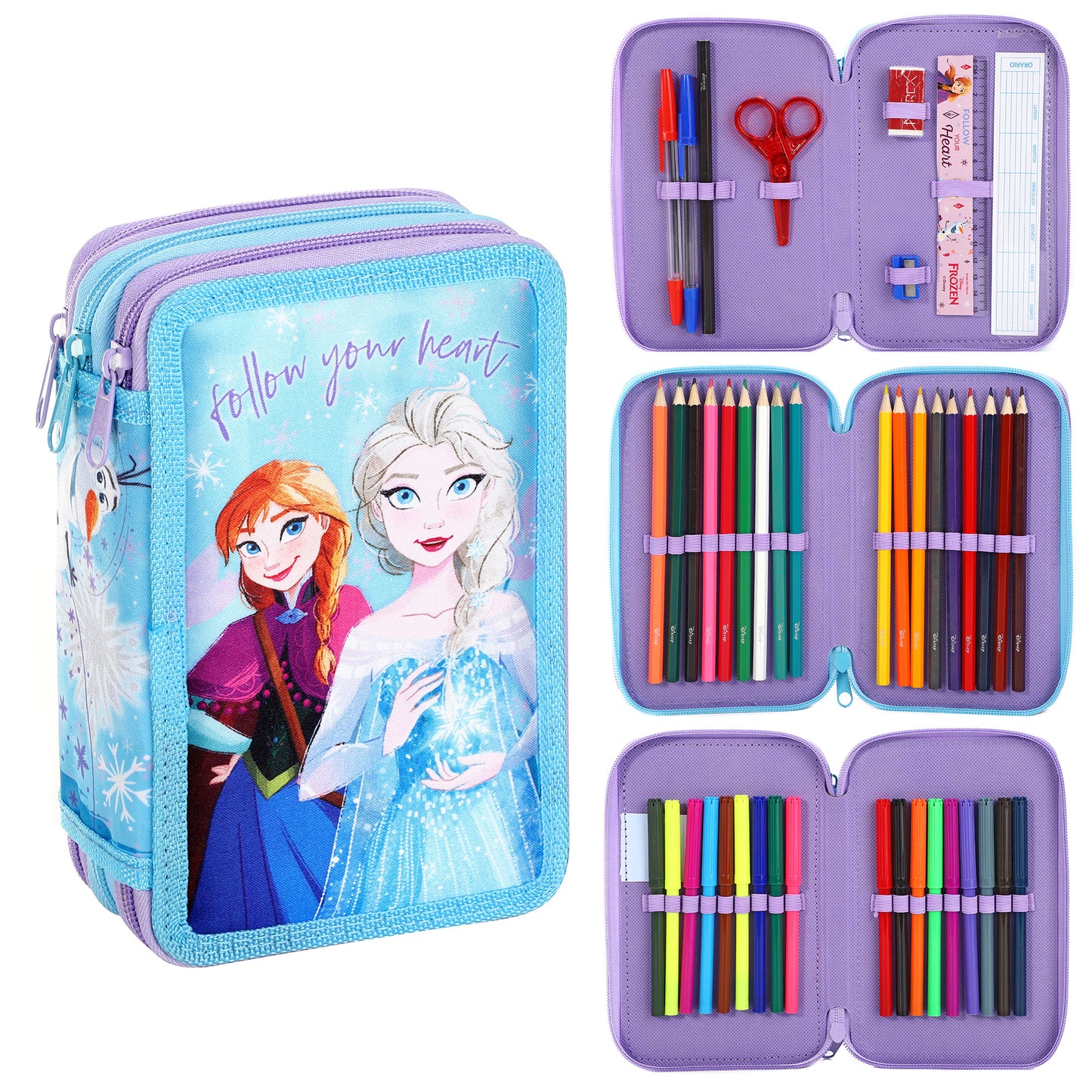 Frozen Style Jumbo Pencil Case & Stationery Set with 3 Zip Divider