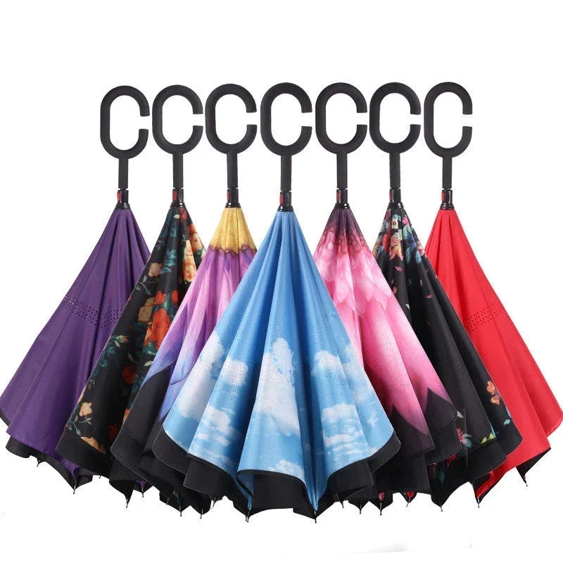 Reverse Inverted Double Layer Umbrella C Handle 80Cm Assorted Designs