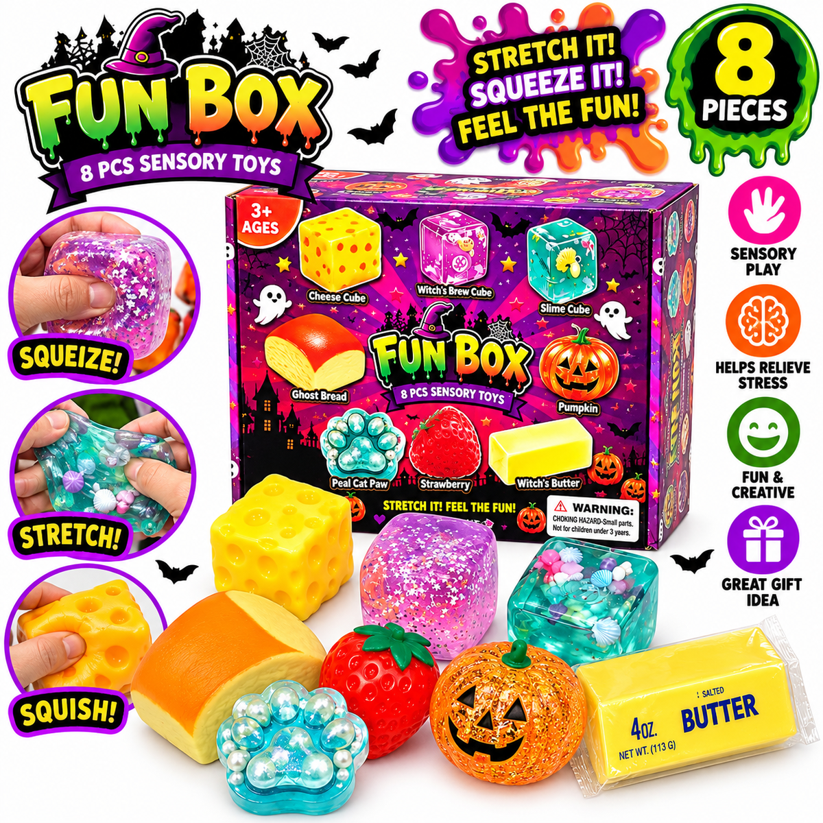 Halloween Style Squishy Fun Box - 8 Piece Fidget Squishy Sensory Squish Toys Inside