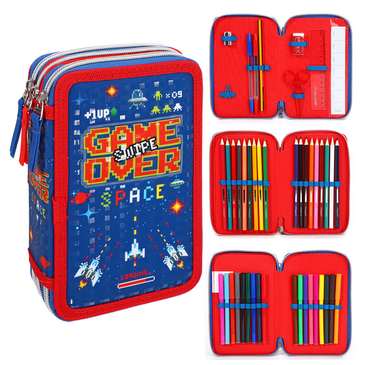 Gaming Style Jumbo Pencil Case & Stationery Set with 3 Zip Divider