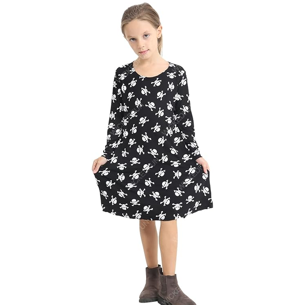 Kids Girls Wednesday Adams Style Halloween Spooky Printed Swing Dresses Gothic School Girls Spider Web Skull Bones Pattern Fancy Dress