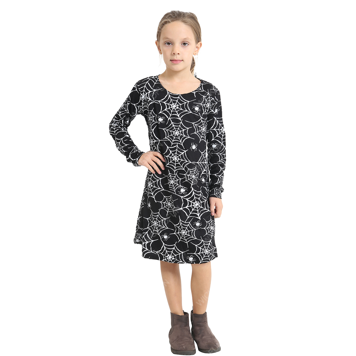 Kids Girls Spider Web Printed Black Swing Dress Halloween Fancy Dress