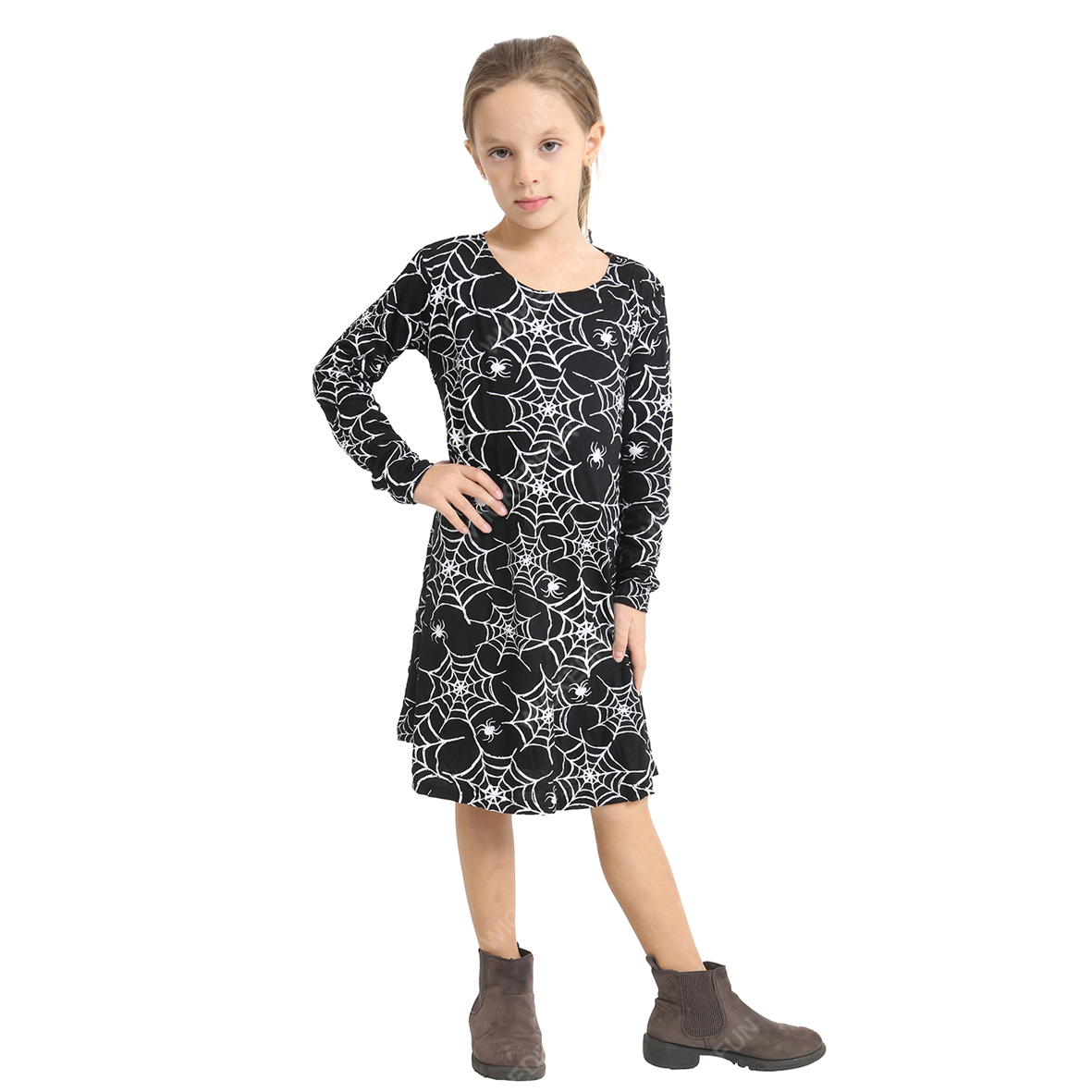 Kids Girls Spider Web Printed Black Swing Dress Halloween Fancy Dress