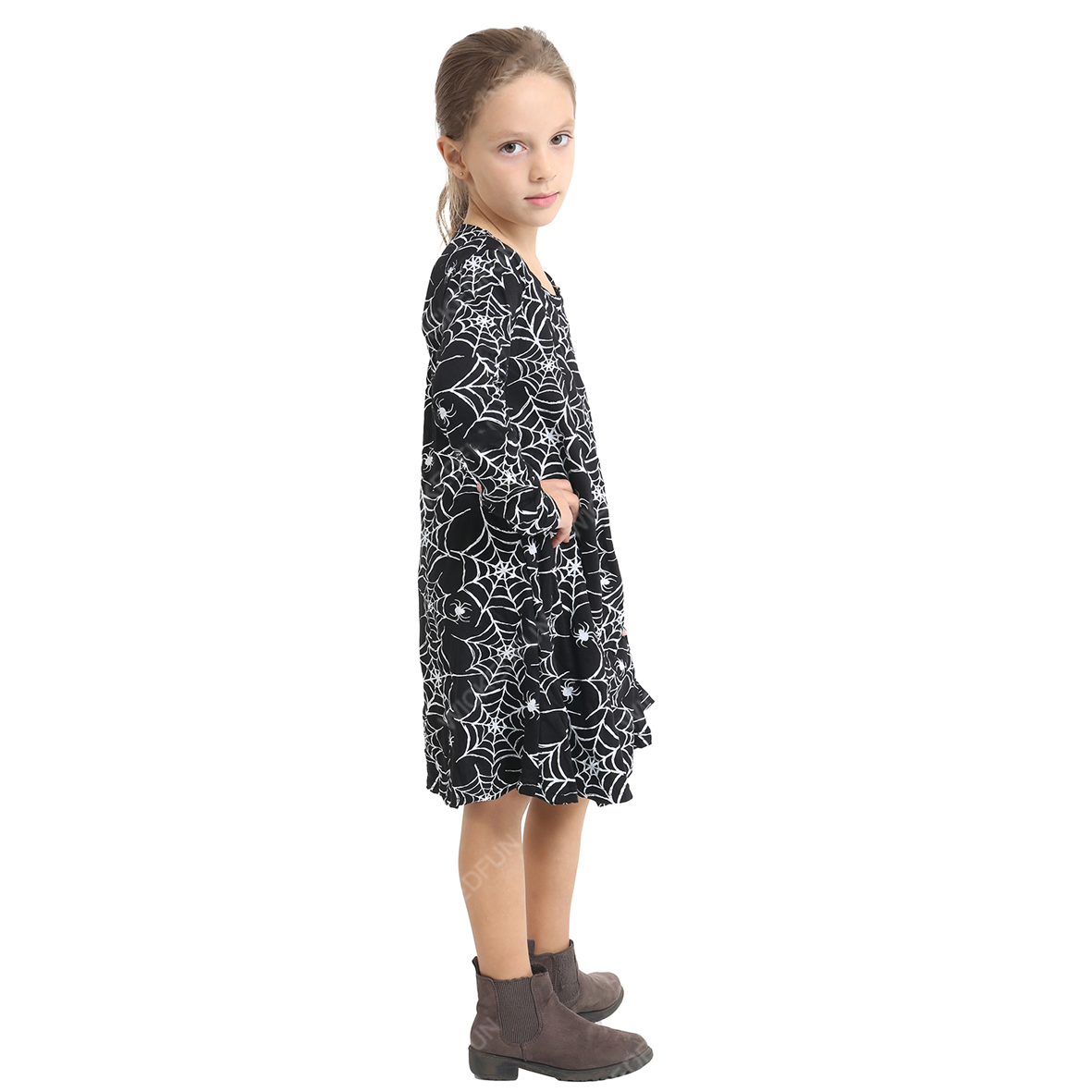 Kids Girls Spider Web Printed Black Swing Dress Halloween Fancy Dress