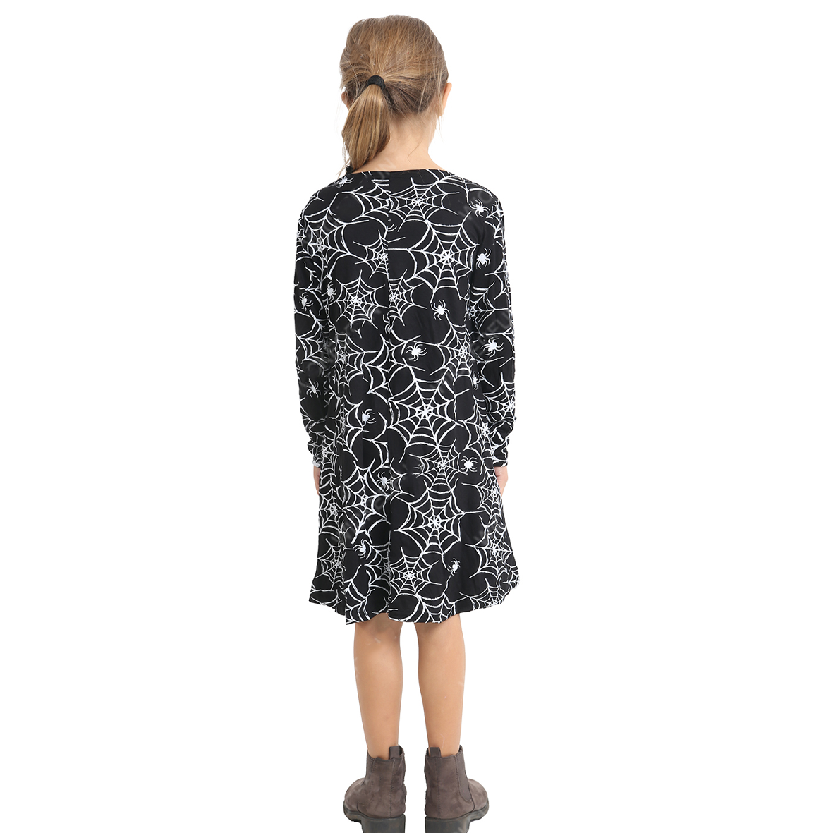 Kids Girls Spider Web Printed Black Swing Dress Halloween Fancy Dress