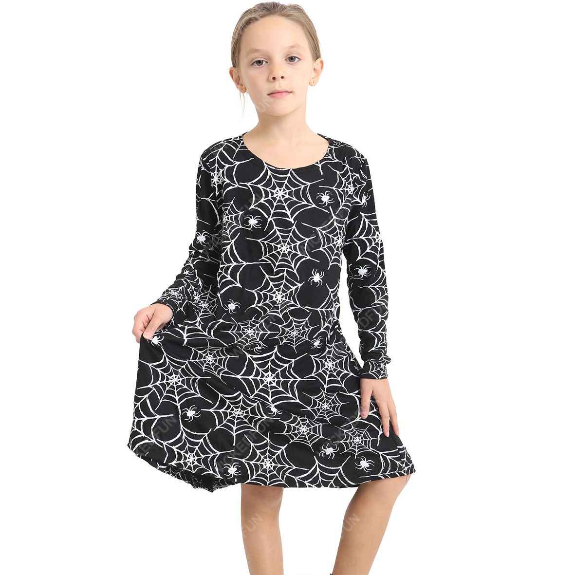 Kids Girls Spider Web Printed Black Swing Dress Halloween Fancy Dress