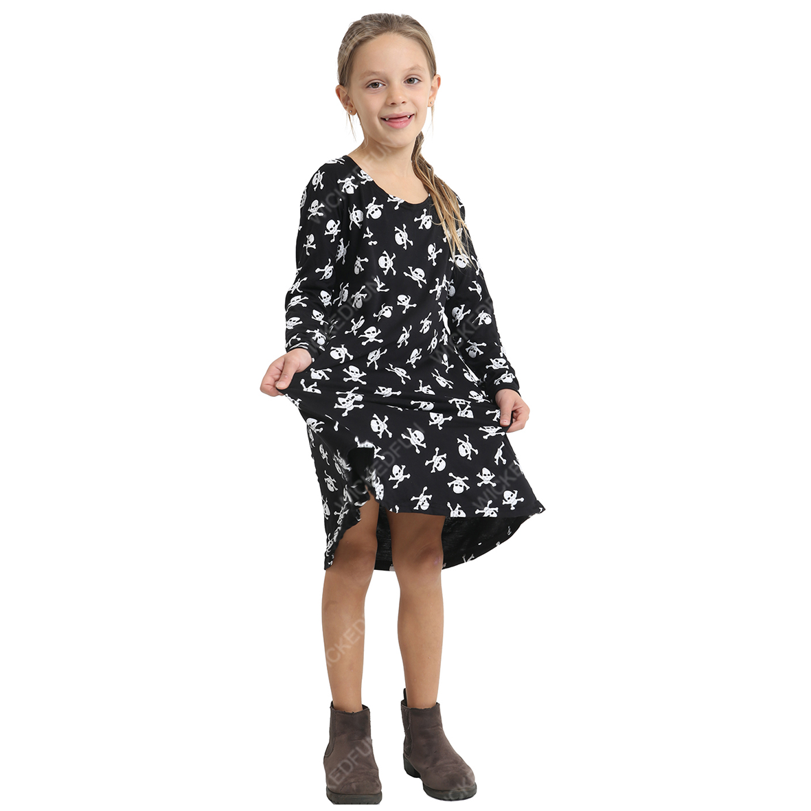 Kids Girls Wednesday Adams Style Halloween Spooky Printed Swing Dresses Gothic School Girls Spider Web Skull Bones Pattern Fancy Dress