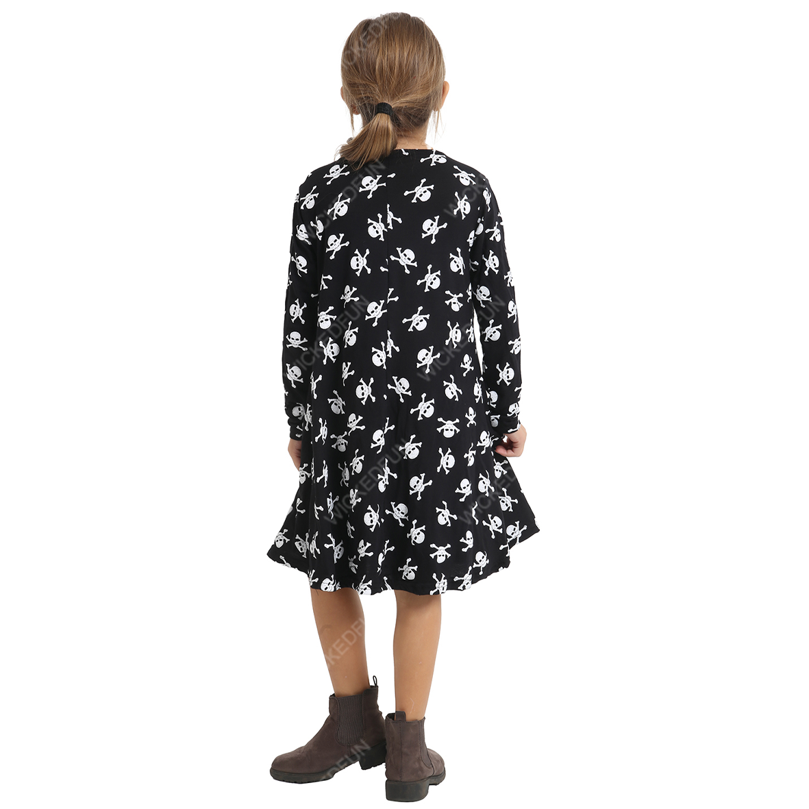 Kids Girls Wednesday Adams Style Halloween Spooky Printed Swing Dresses Gothic School Girls Spider Web Skull Bones Pattern Fancy Dress