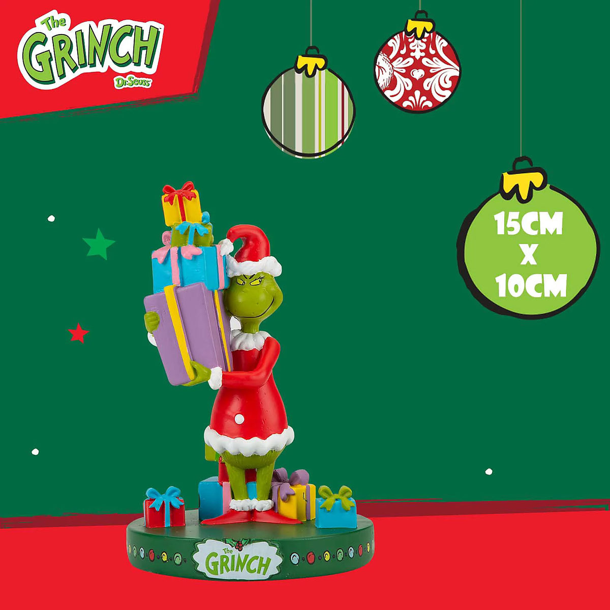 The Grinch Christmas Figurine Ornament - Santa Grinch with Presents -15cm