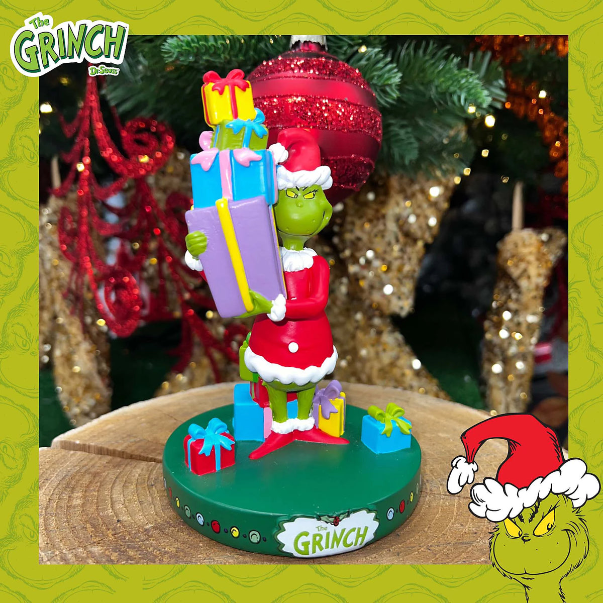 The Grinch Christmas Figurine Ornament - Santa Grinch with Presents -15cm