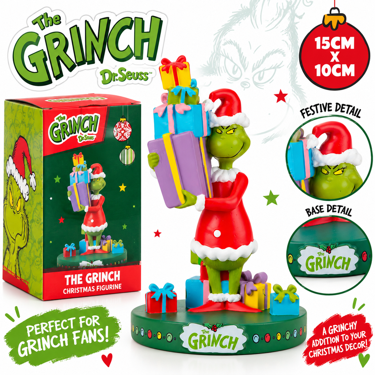 The Grinch Christmas Figurine Ornament - Santa Grinch with Presents -15cm