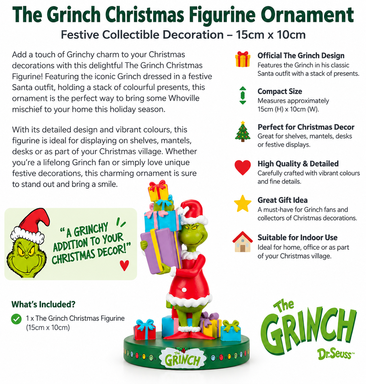 The Grinch Christmas Figurine Ornament - Santa Grinch with Presents -15cm