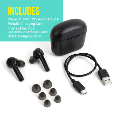 JAM Bluetooth True Wireless Active Noise Cancelling Earbuds with Charging Case