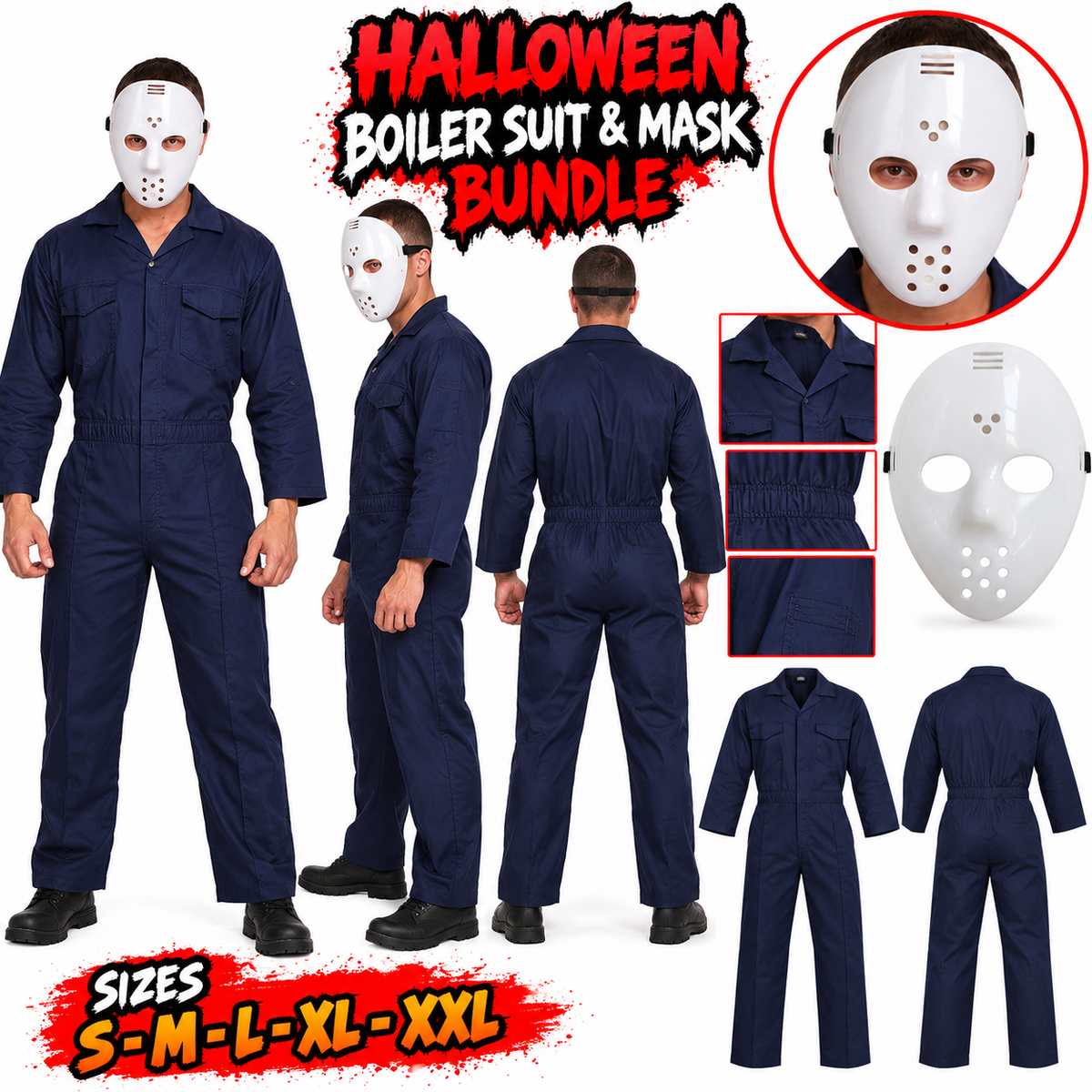 Men's Slim Shady Style Halloween Fancy Dress Costume Boiler Suit Overalls & Mask Bundle