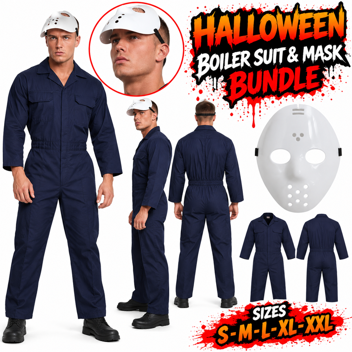 Men's Slim Shady Style Halloween Fancy Dress Costume Boiler Suit Overalls & Mask Bundle