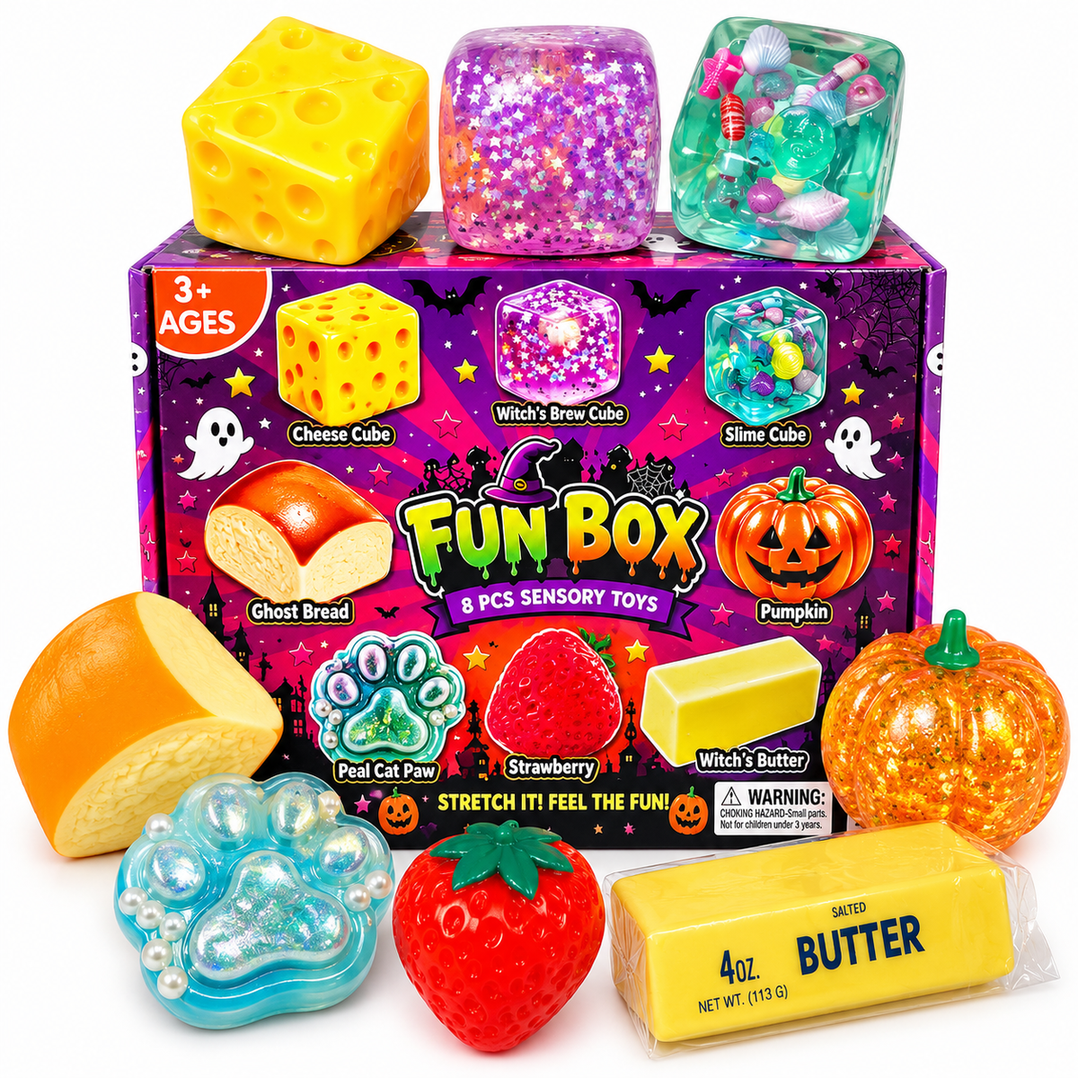Halloween Style Squishy Fun Box - 8 Piece Fidget Squishy Sensory Squish Toys Inside