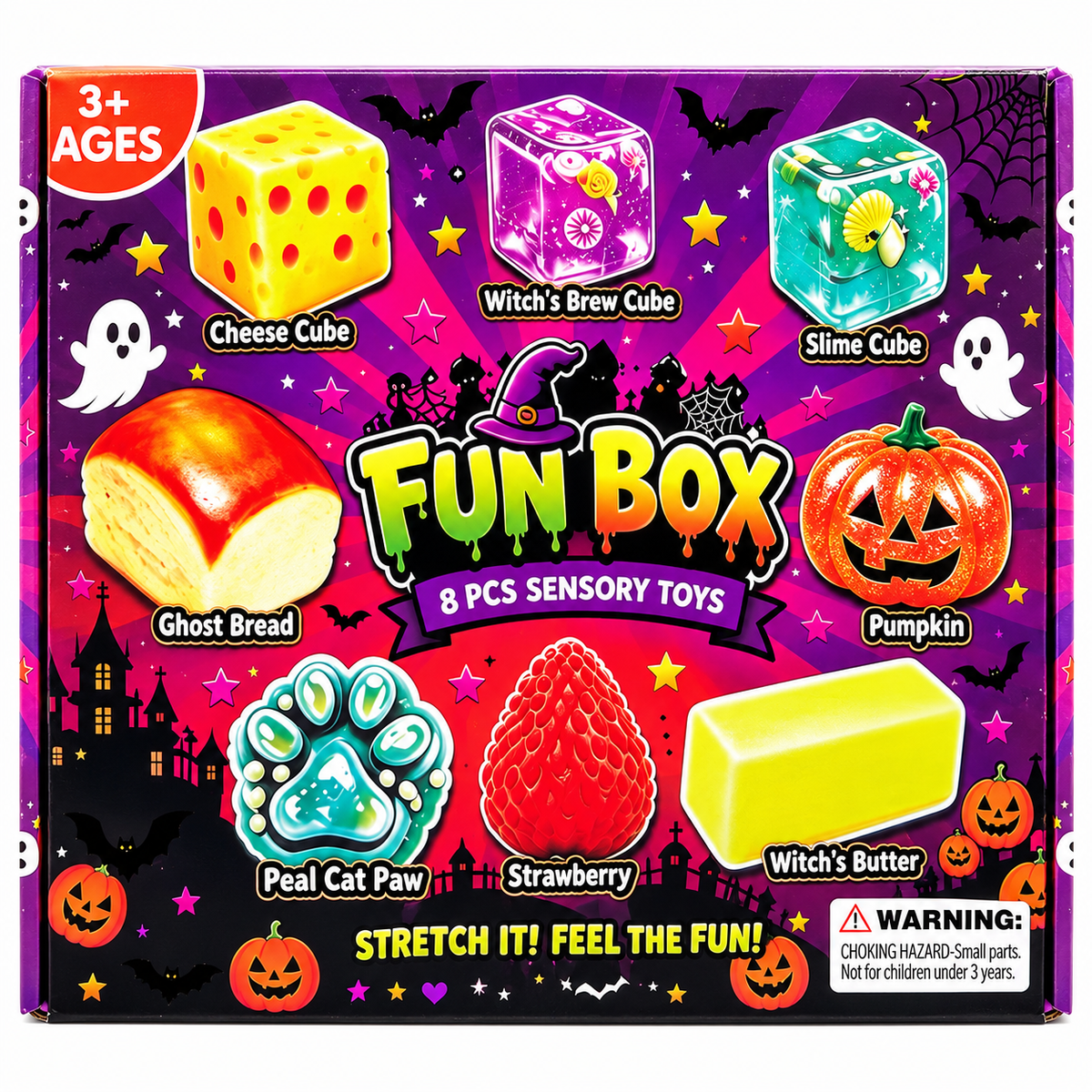 Halloween Style Squishy Fun Box - 8 Piece Fidget Squishy Sensory Squish Toys Inside