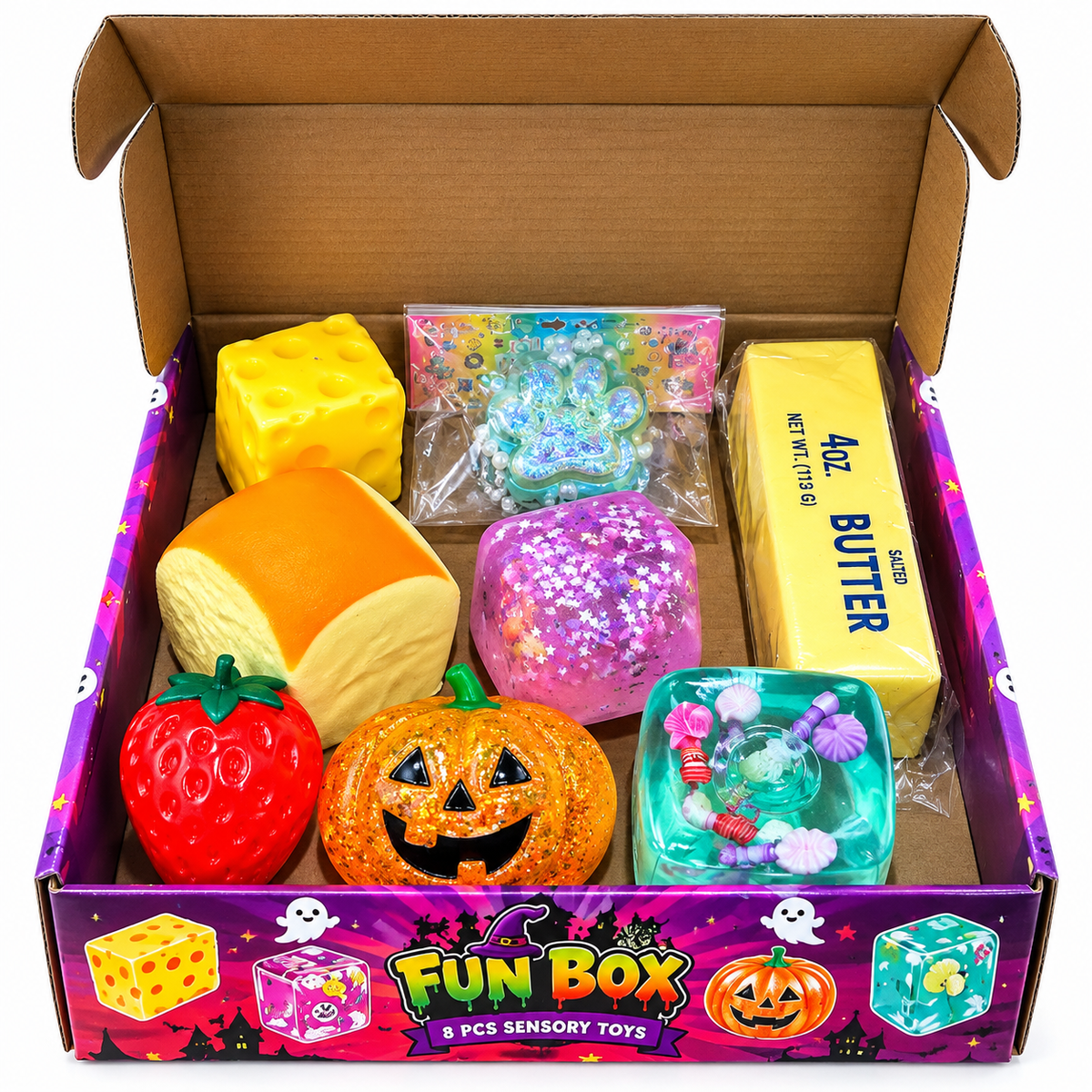 Halloween Style Squishy Fun Box - 8 Piece Fidget Squishy Sensory Squish Toys Inside