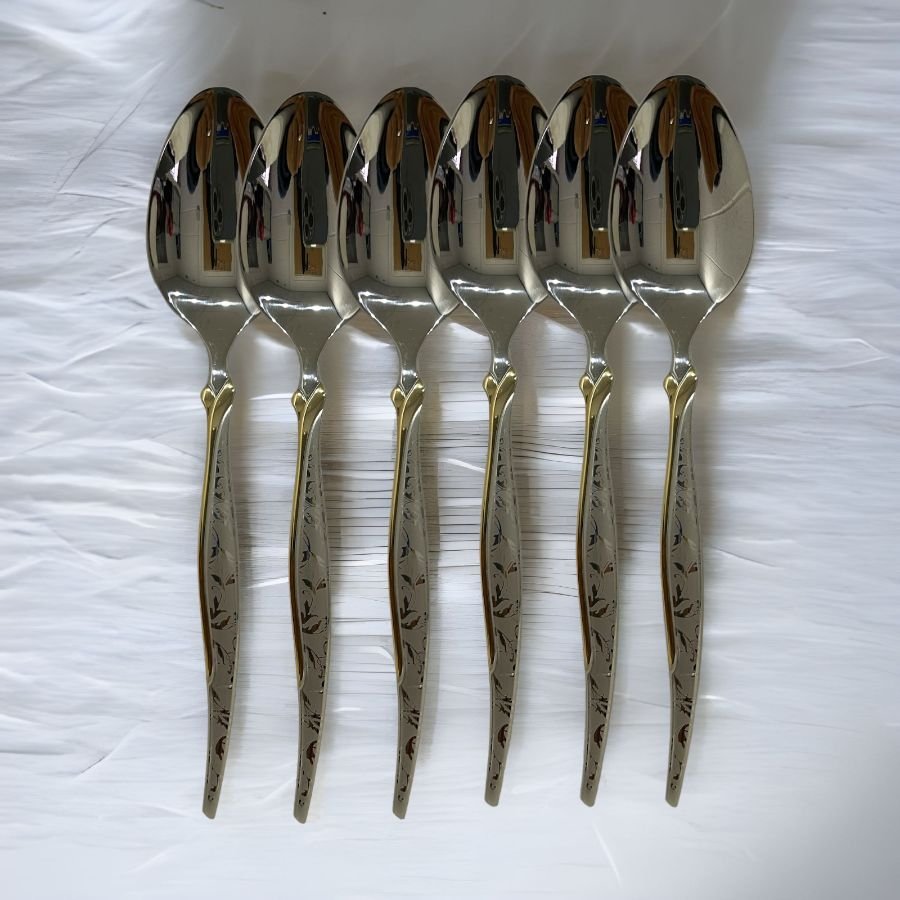 12x Premium Golden Pattern Stainless Steel Table Spoon Set for Home Kitchen & Restaurant Dining Table (Pack of 12)