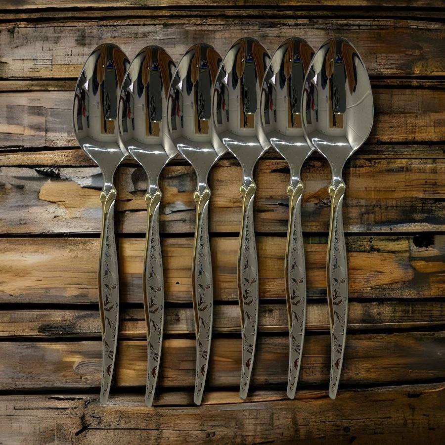 12x Premium Golden Pattern Stainless Steel Table Spoon Set for Home Kitchen & Restaurant Dining Table (Pack of 12)