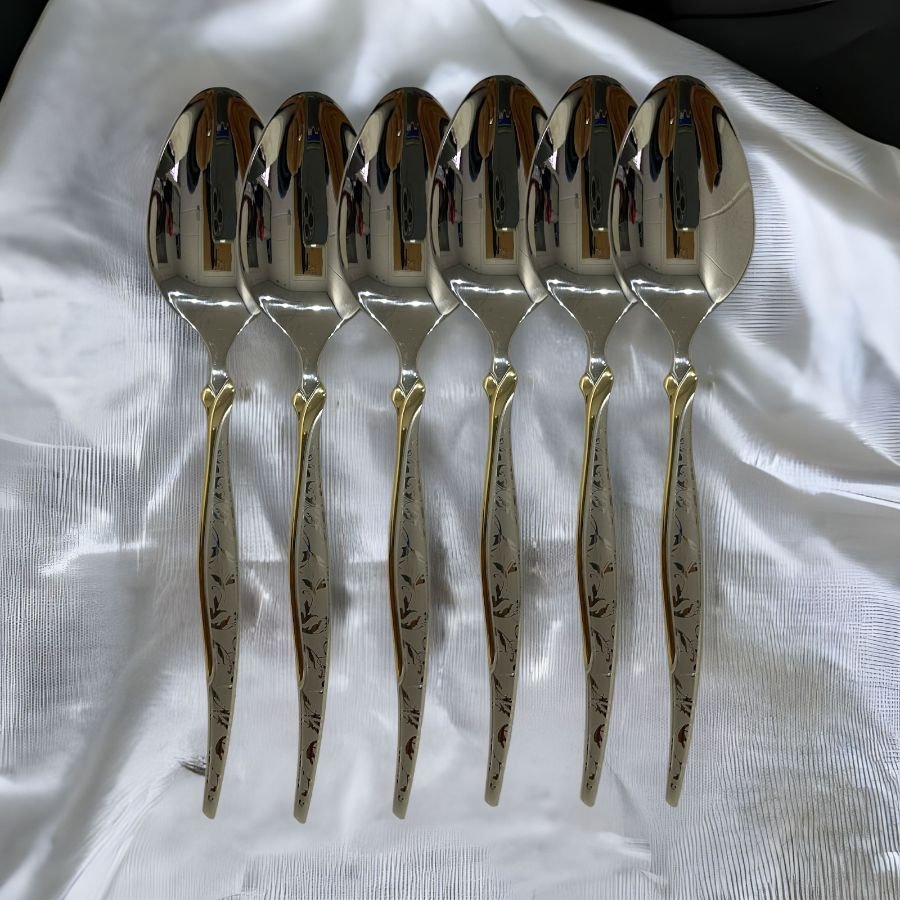 12x Premium Golden Pattern Stainless Steel Table Spoon Set for Home Kitchen & Restaurant Dining Table (Pack of 12)