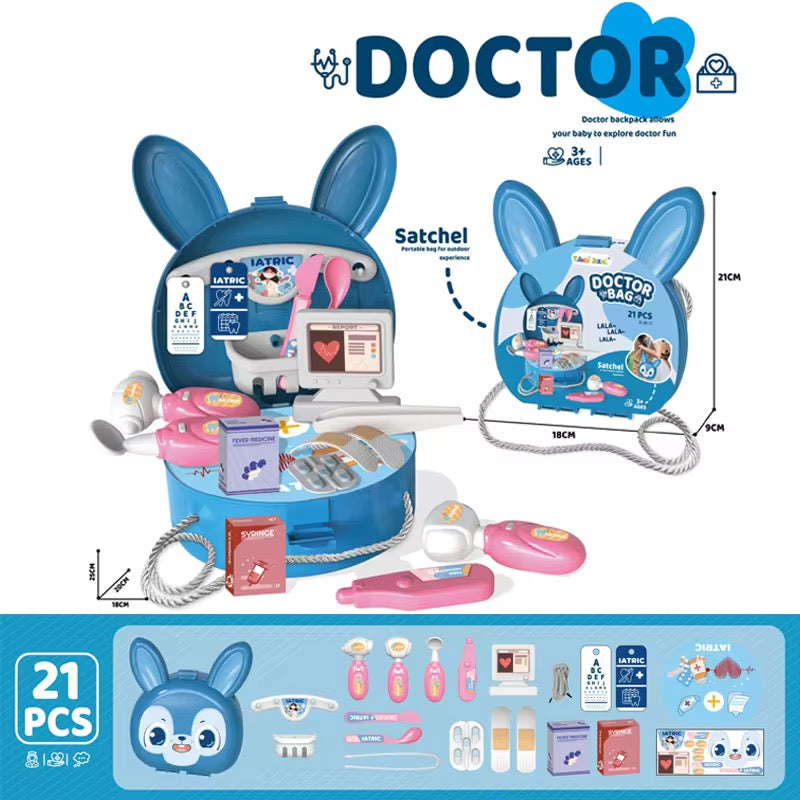 Bunny Rabbit Carry Case Travel Doctor Bag Doctors 21 Piece Play Set with Shoulder Strap - Blue - Easter Toys & Gift