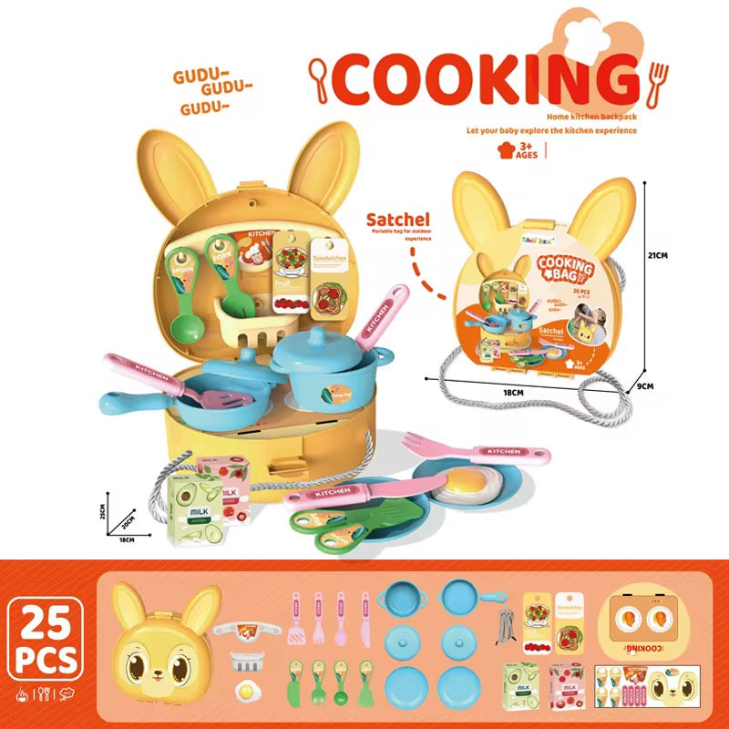 Bunny Rabbit Carry Case Travel Cooking Bag 25 Piece Kitchen Play Set with Shoulder Strap - Yellow - Easter Toys & Gift
