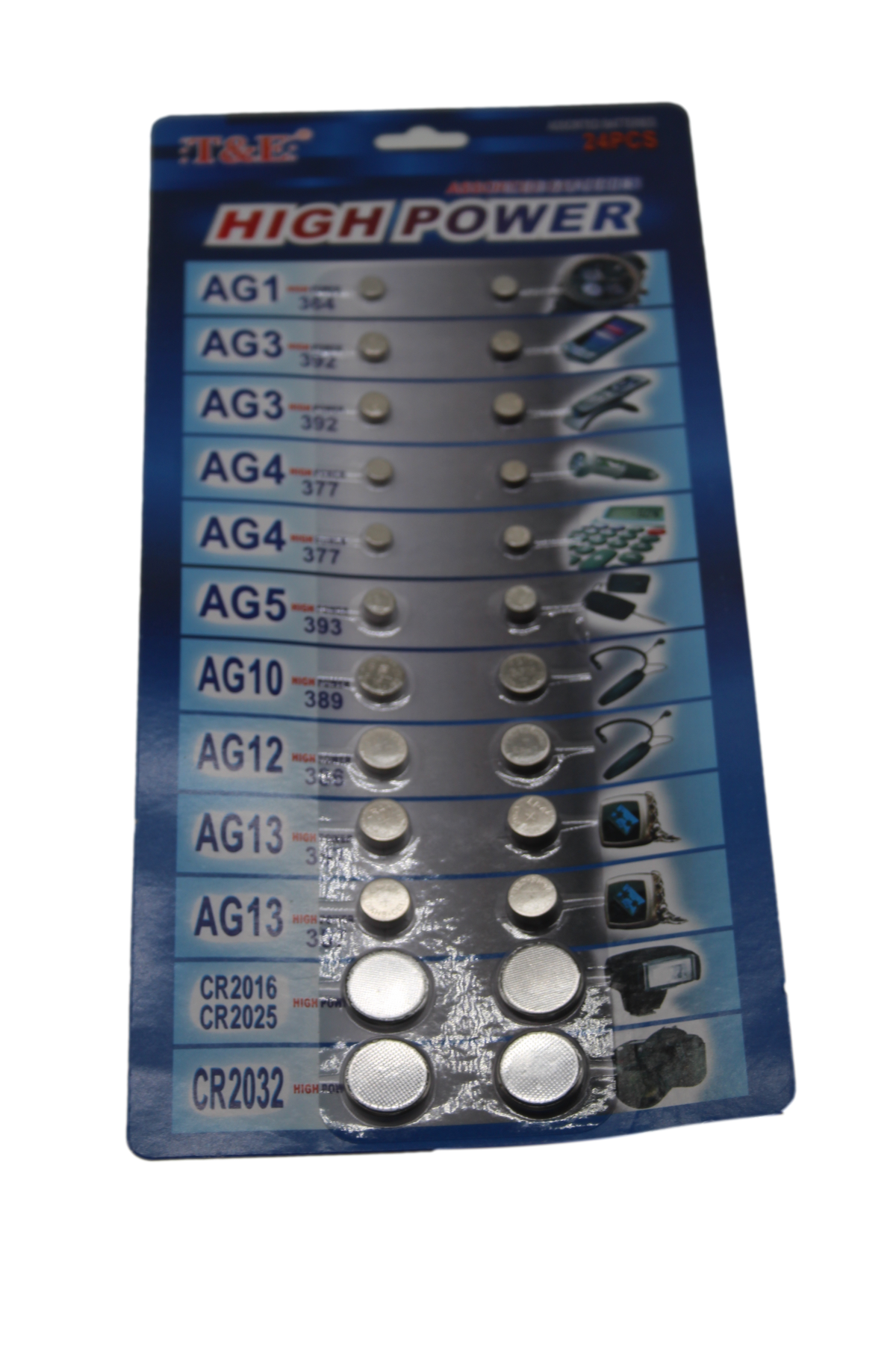 T&E 24 Assorted Flat Button Batteries On 1 Single Card 15 X 30Cm