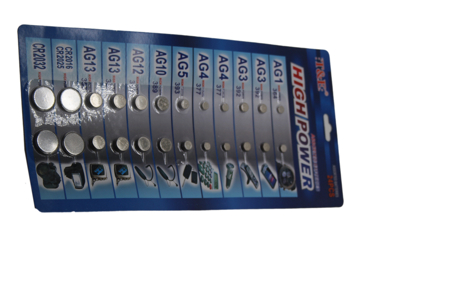 T&E 24 Assorted Flat Button Batteries On 1 Single Card 15 X 30Cm
