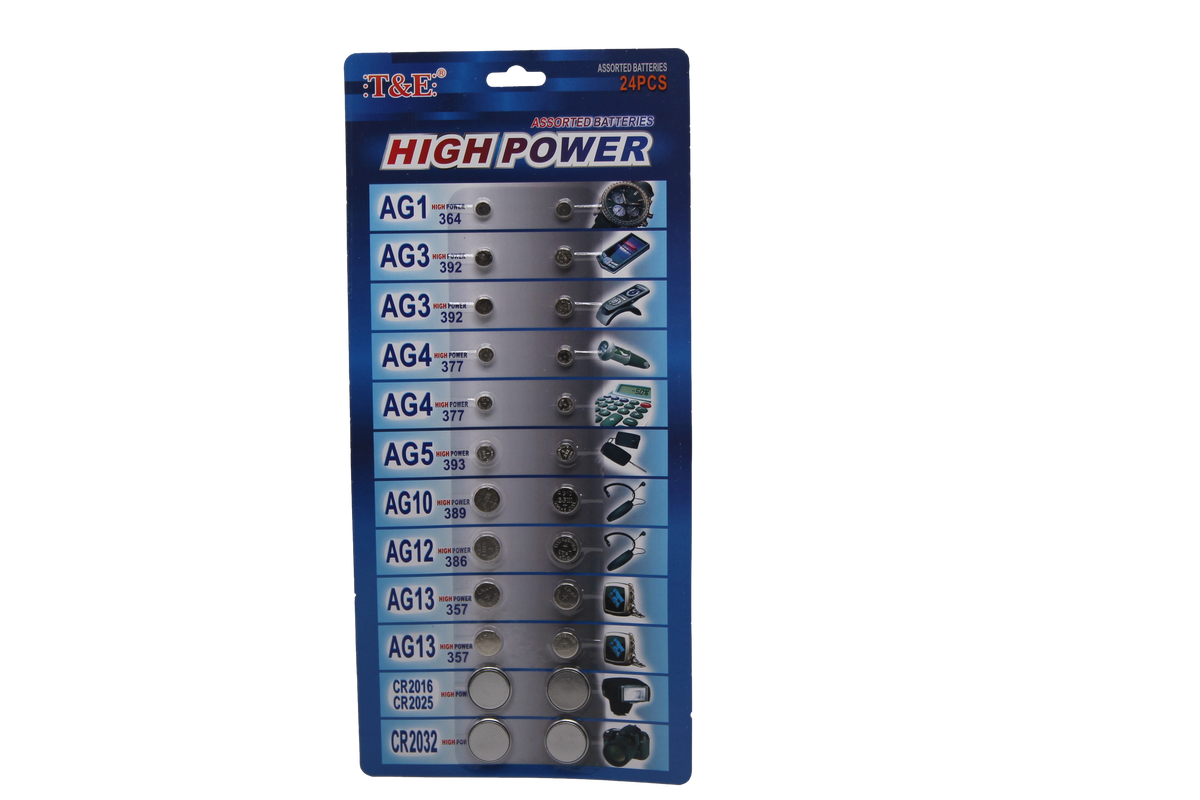T&E 24 Assorted Flat Button Batteries On 1 Single Card 15 X 30Cm