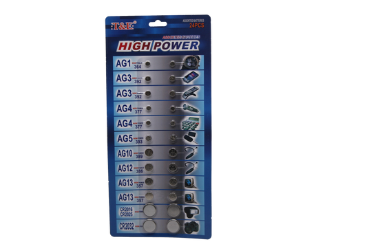 T&E 24 Assorted Flat Button Batteries On 1 Single Card