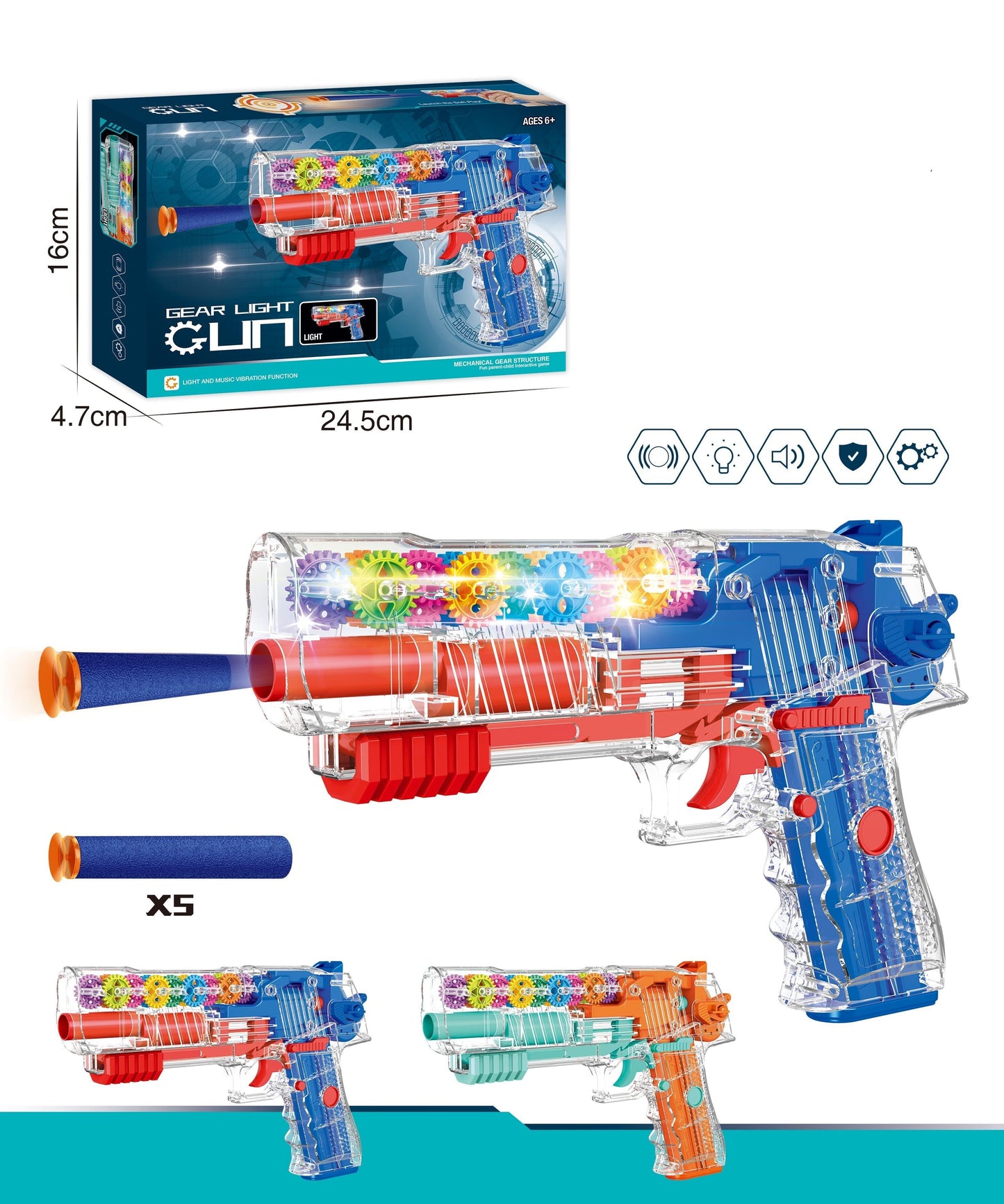 Gear Light Up Nerf Style Foam Bullet Launcher - 2 Colours