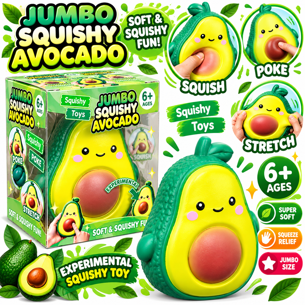 XXL Jumbo Avocado Squishy Fidget Squish Sensory Toy