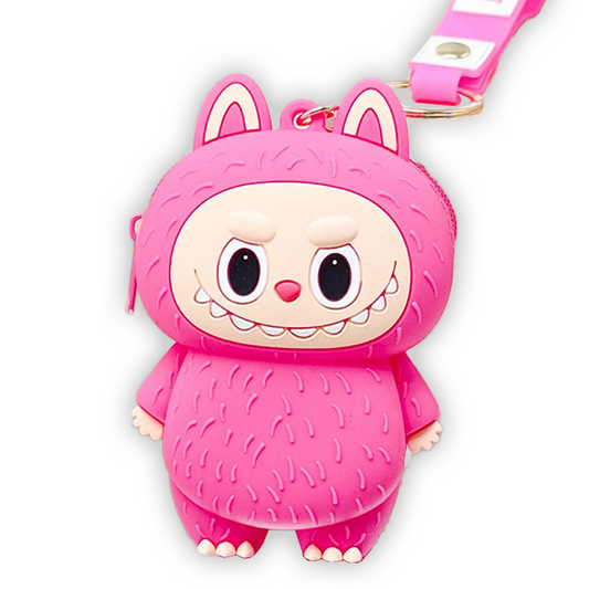 Labubu Purse Pouch Bag Keychain Keyring Coin Pouch 3D Soft Touch Silicone Pendant - Hot Pink