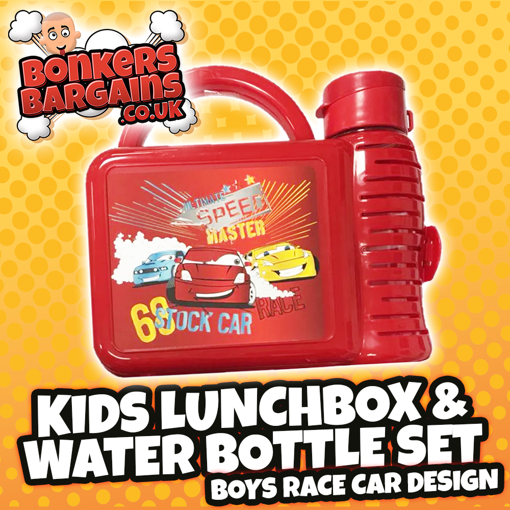 Children's Lunch Box with Water Bottle Set (Boys Race Car Design) - 2 Colours - Tuffex Plastic