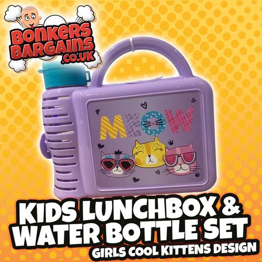 Children's Lunch Box with Water Bottle Set (Girls Cool Kittens Design) - 2 Colours - Tuffex Plastic