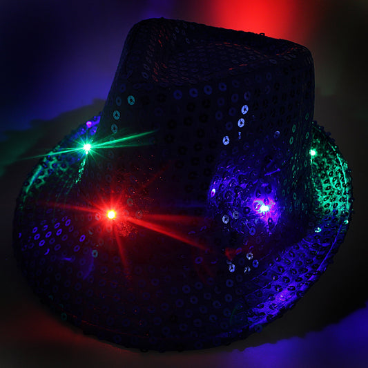 Flashing Light Up Led Fedora Trilby Sequin Fancy Dress Hat Assorted Colours 3054
