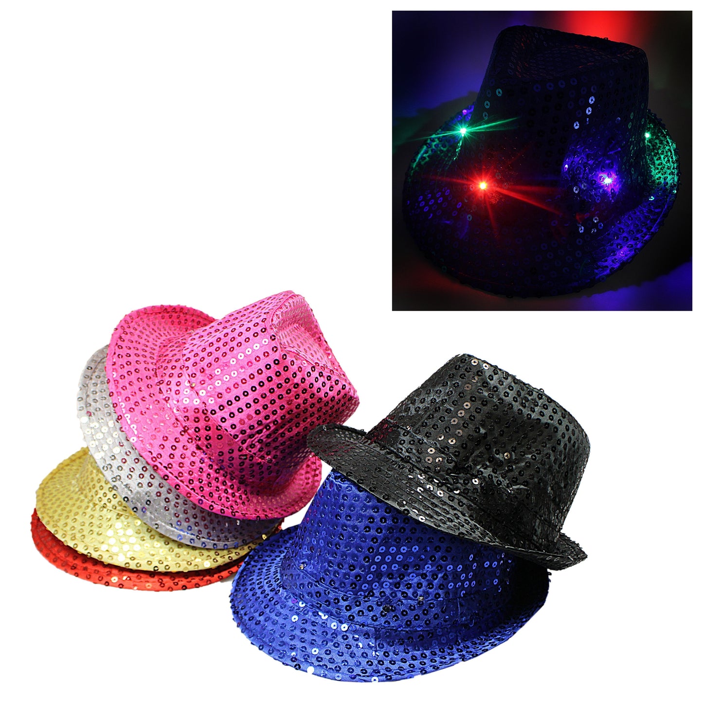 Flashing Light Up Led Fedora Trilby Sequin Fancy Dress Hat Assorted Colours 3054