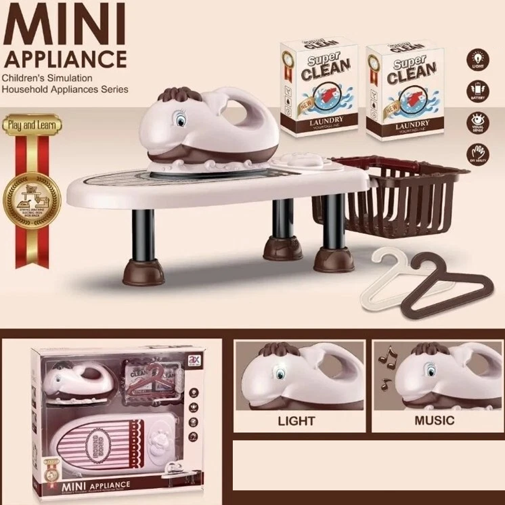 Mini Iron & Ironing Board Set Kids Home Appliances Simulation Toys Pretend Play with Sound & Lights