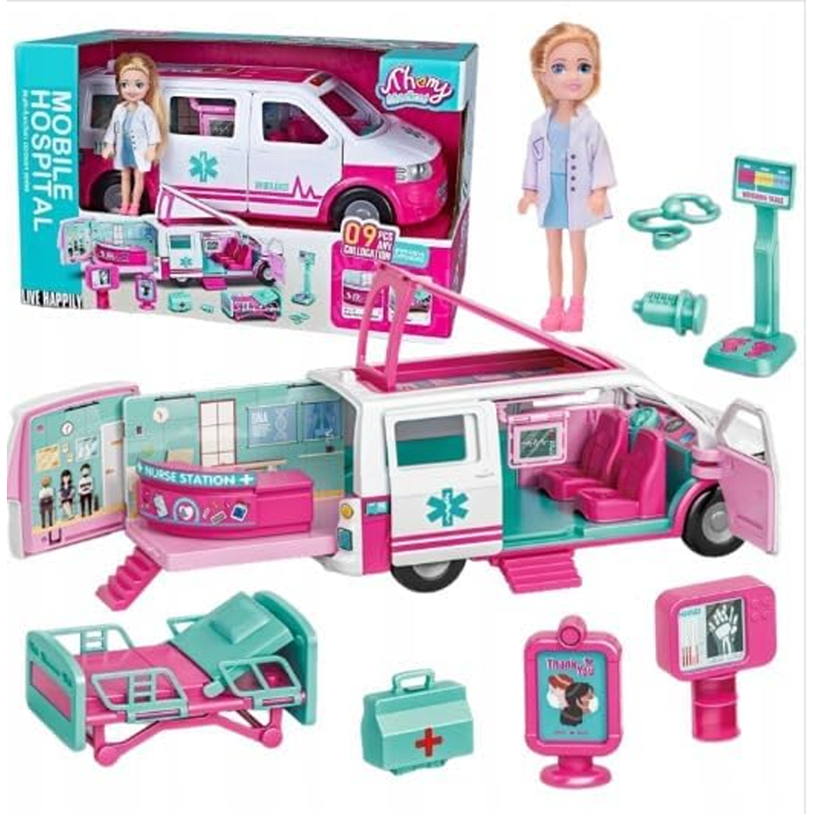 Mini Toy Doll Mobile Hospital Emergency Vehicle Transforms Into Care Clinic Playset