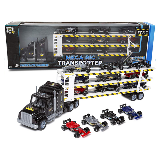 Mega Rig Friction Powered Transporter Trailer Truck with 9 Track Racer Cars