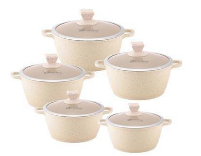 Nea Marbell Diecast Stockpot Set 5 Pack Natura-Cream Marble Effect 20-24-28-30-32cm 6757