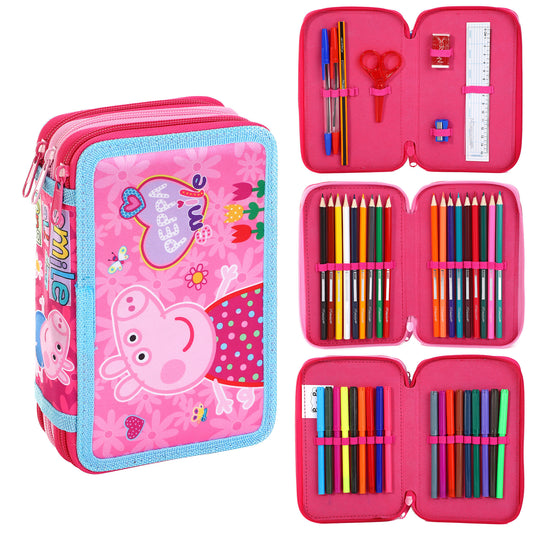 Peppa Pig Style Jumbo Pencil Case & Stationery Set with 3 Zip Divider