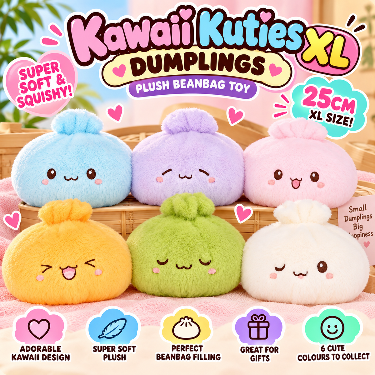 Kawaii Kuties XL 25cm Dumplings Plush Beanbag Toy - 6 Colours