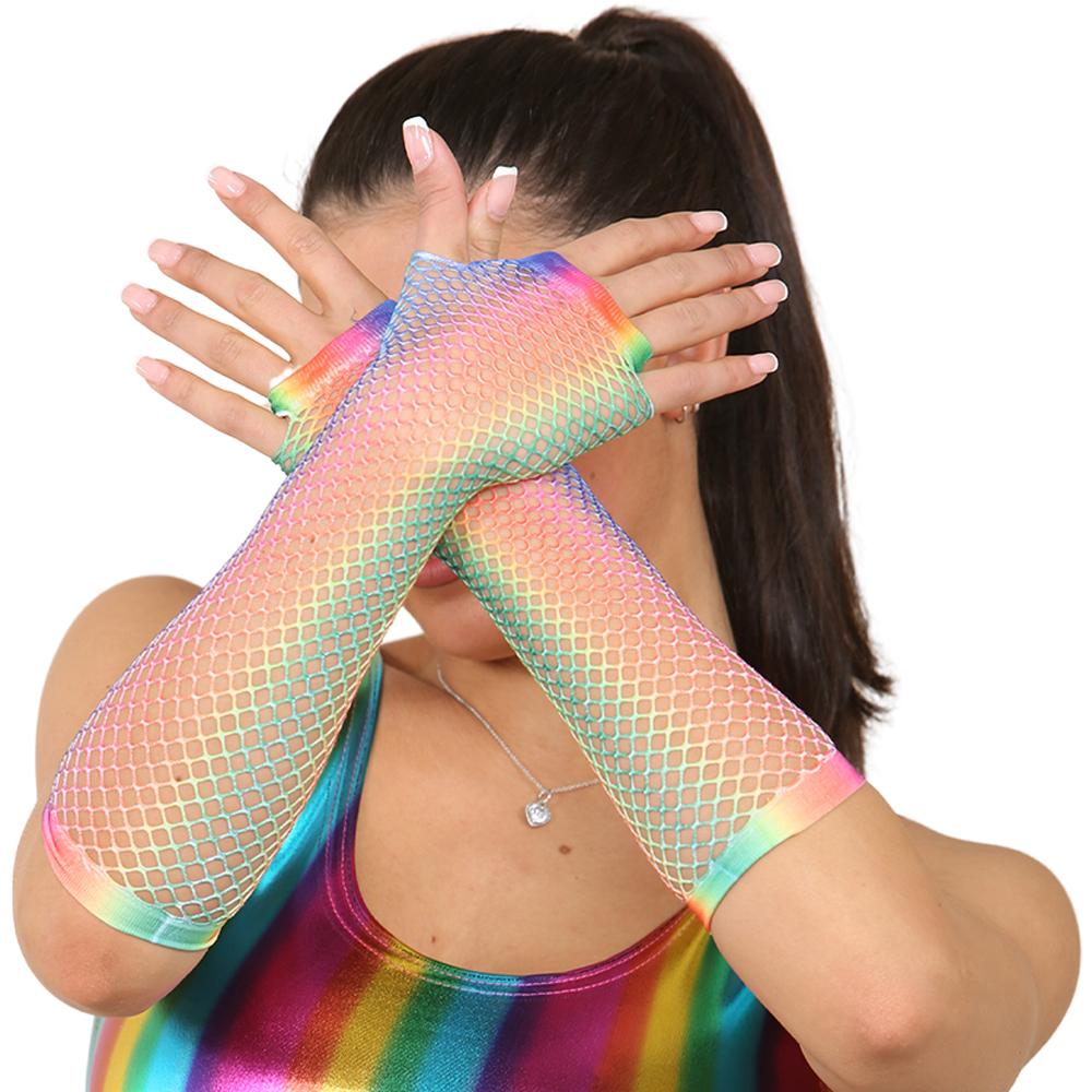 Rainbow Fishnet Long Gloves Pride 80's Fancy Dress