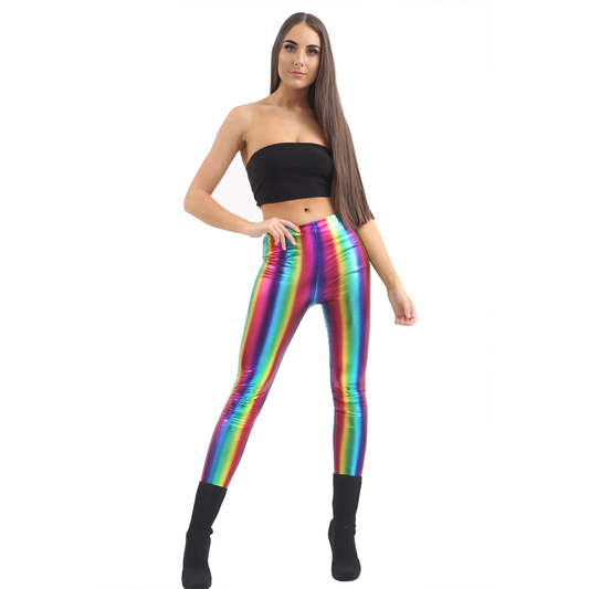 Rainbow Shiny Metallic Leggings Adults 80's Pride Neon Rave Fancy Dress