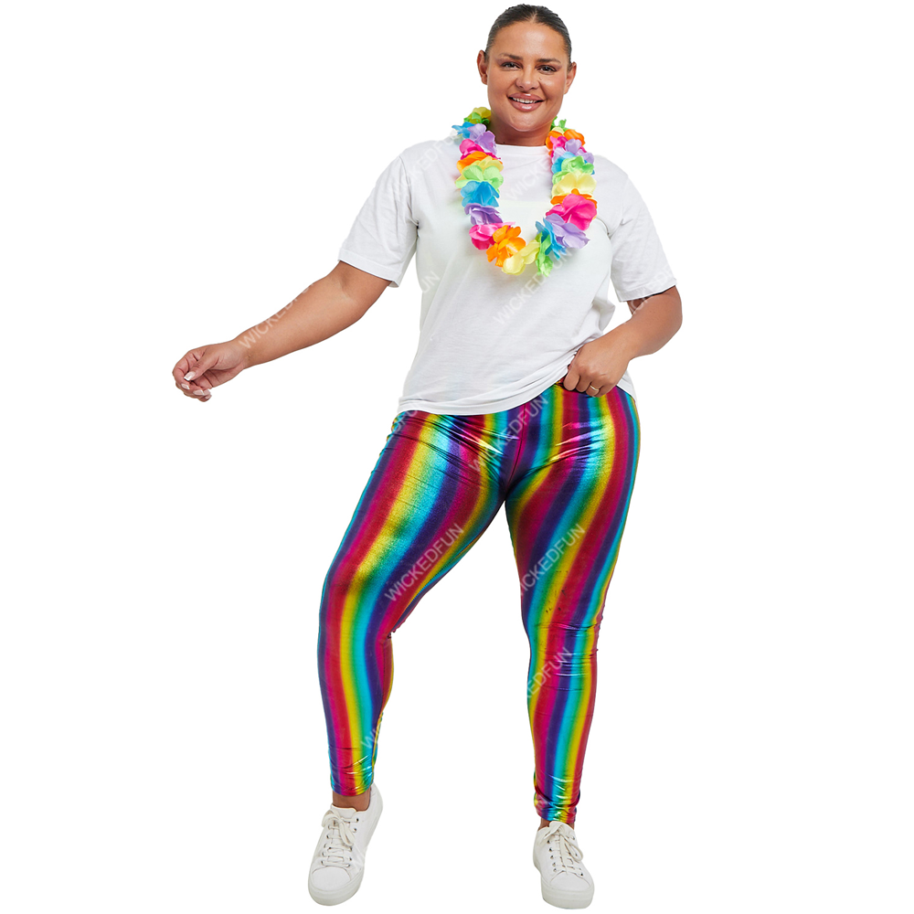 Rainbow Shiny Metallic Leggings Adults 80's Pride Neon Rave Fancy Dress