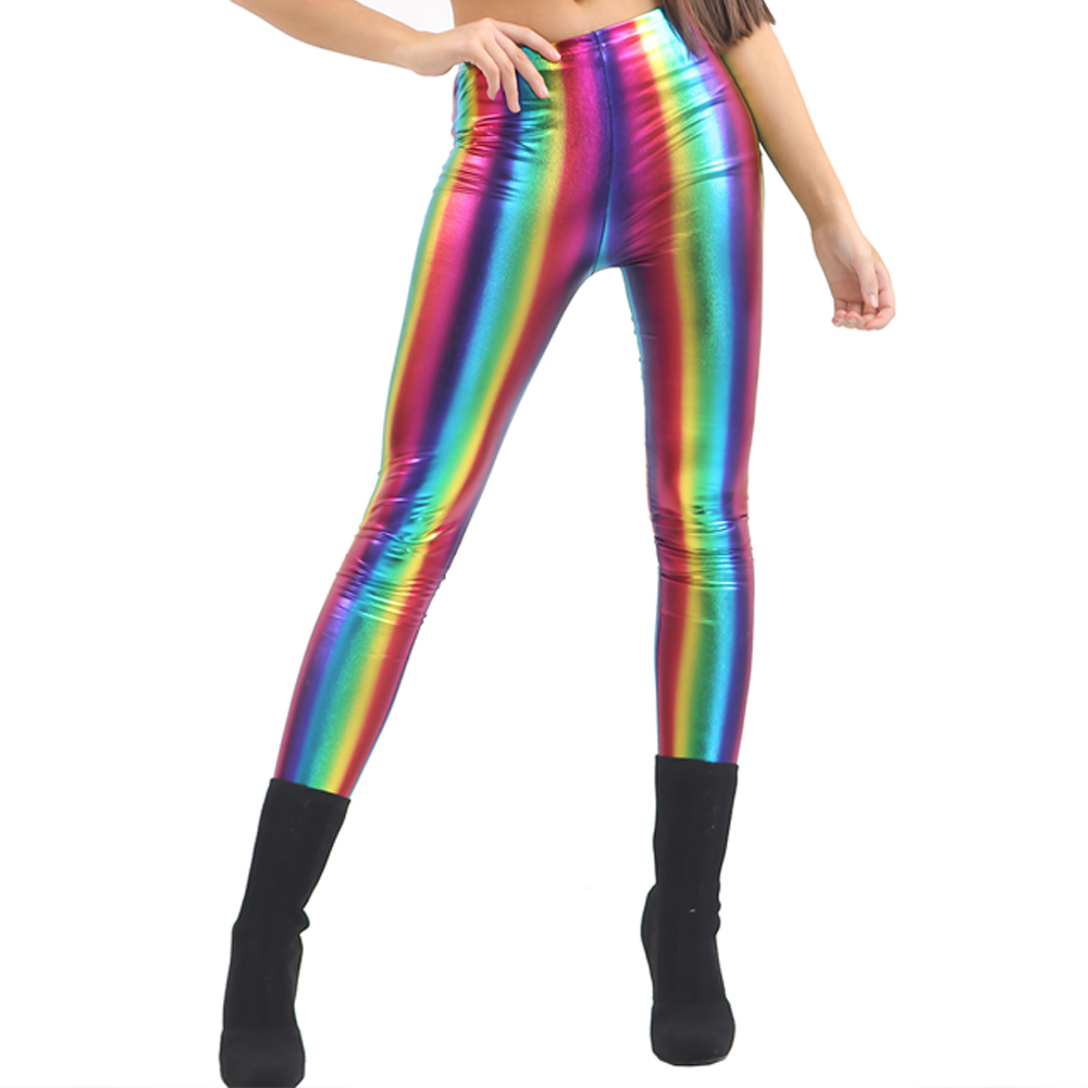 Rainbow Shiny Metallic Leggings Adults 80's Pride Neon Rave Fancy Dress